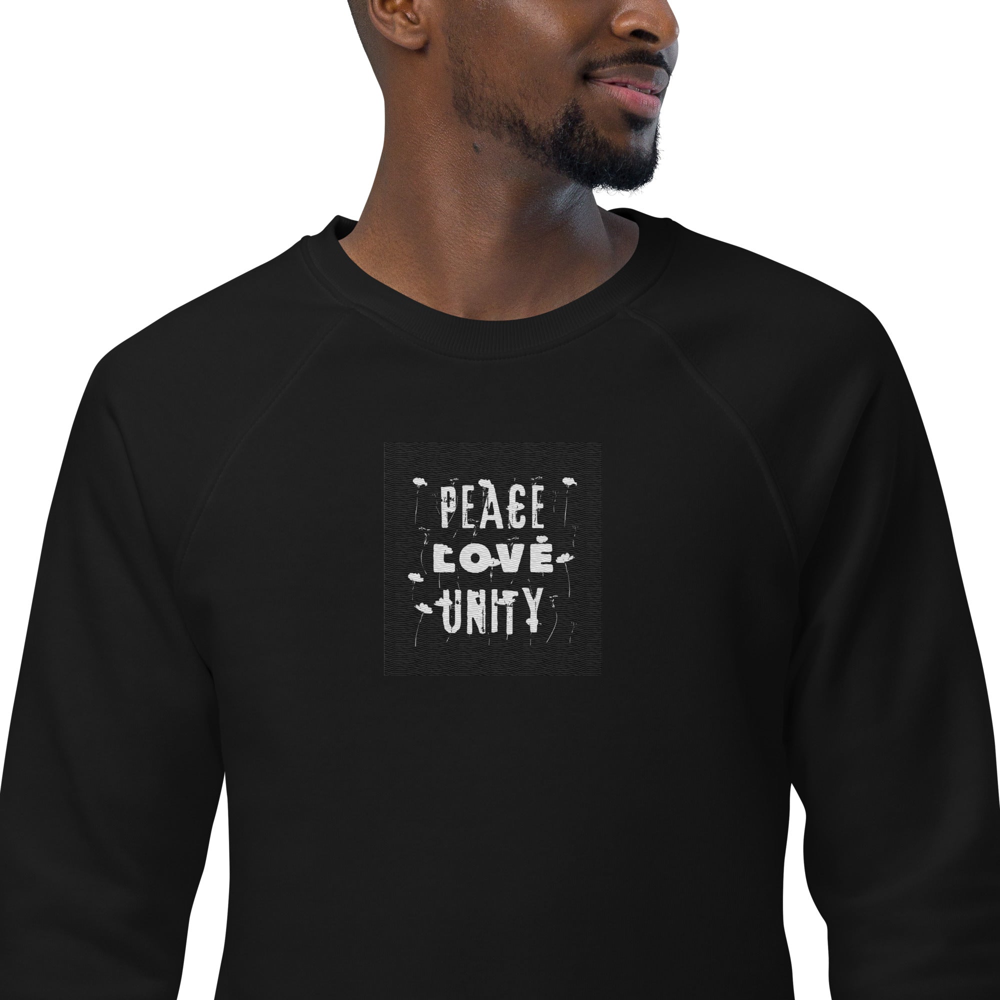 Peace, Love, Unity Unisex organic raglan sweatshirt