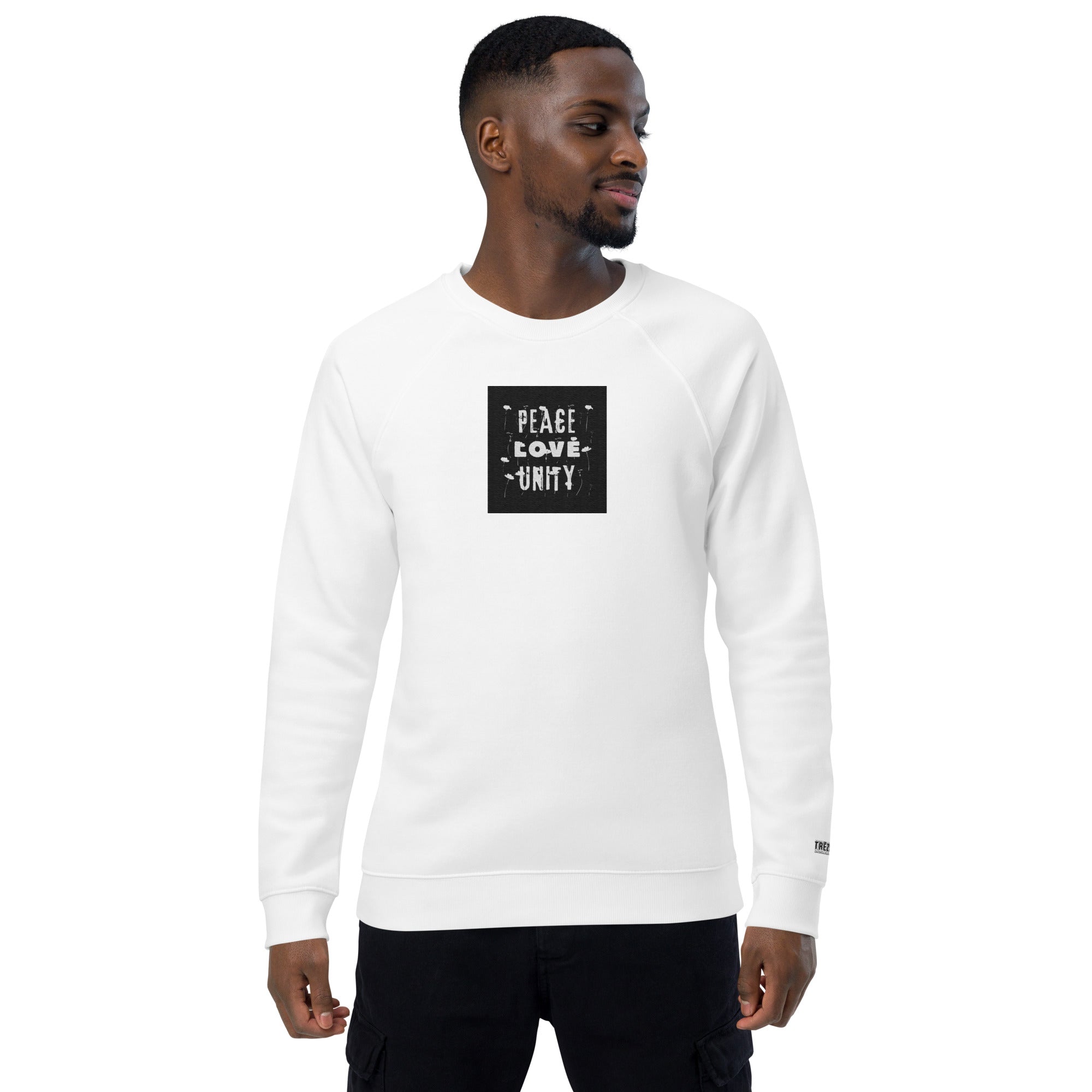 Peace, Love, Unity Unisex organic raglan sweatshirt