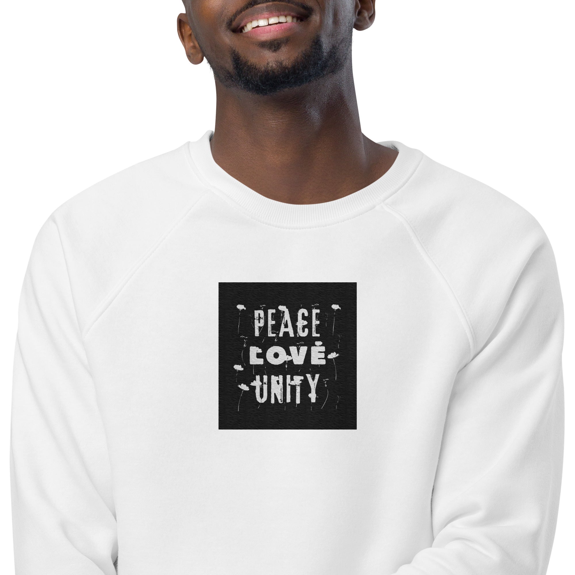 Peace, Love, Unity Unisex organic raglan sweatshirt