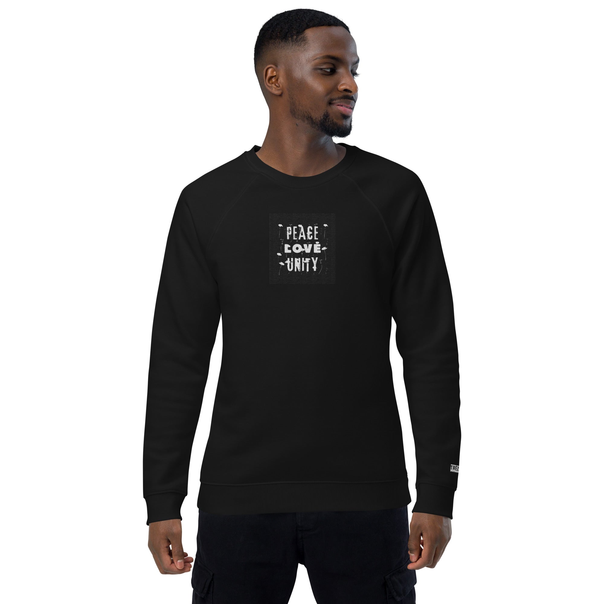 Peace, Love, Unity Unisex organic raglan sweatshirt